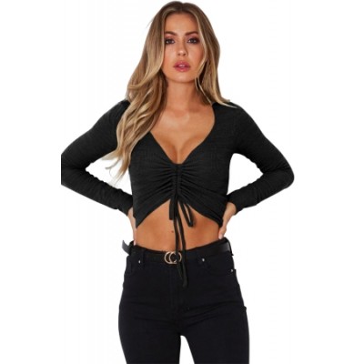 Pink Cinched Lace Up Long Sleeve Crop Top Black